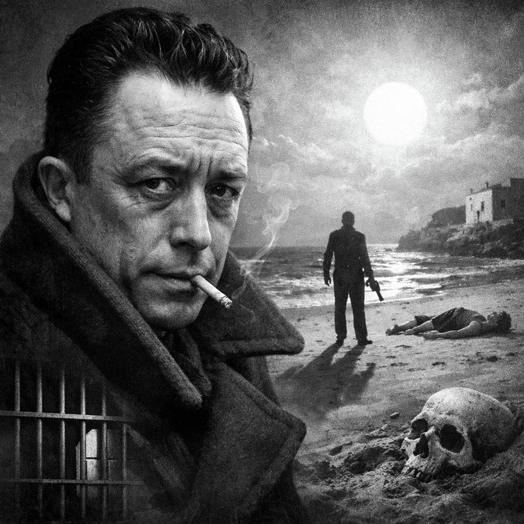 Man smoking cigarette with gunman, dead body, and skull on moonlit beach