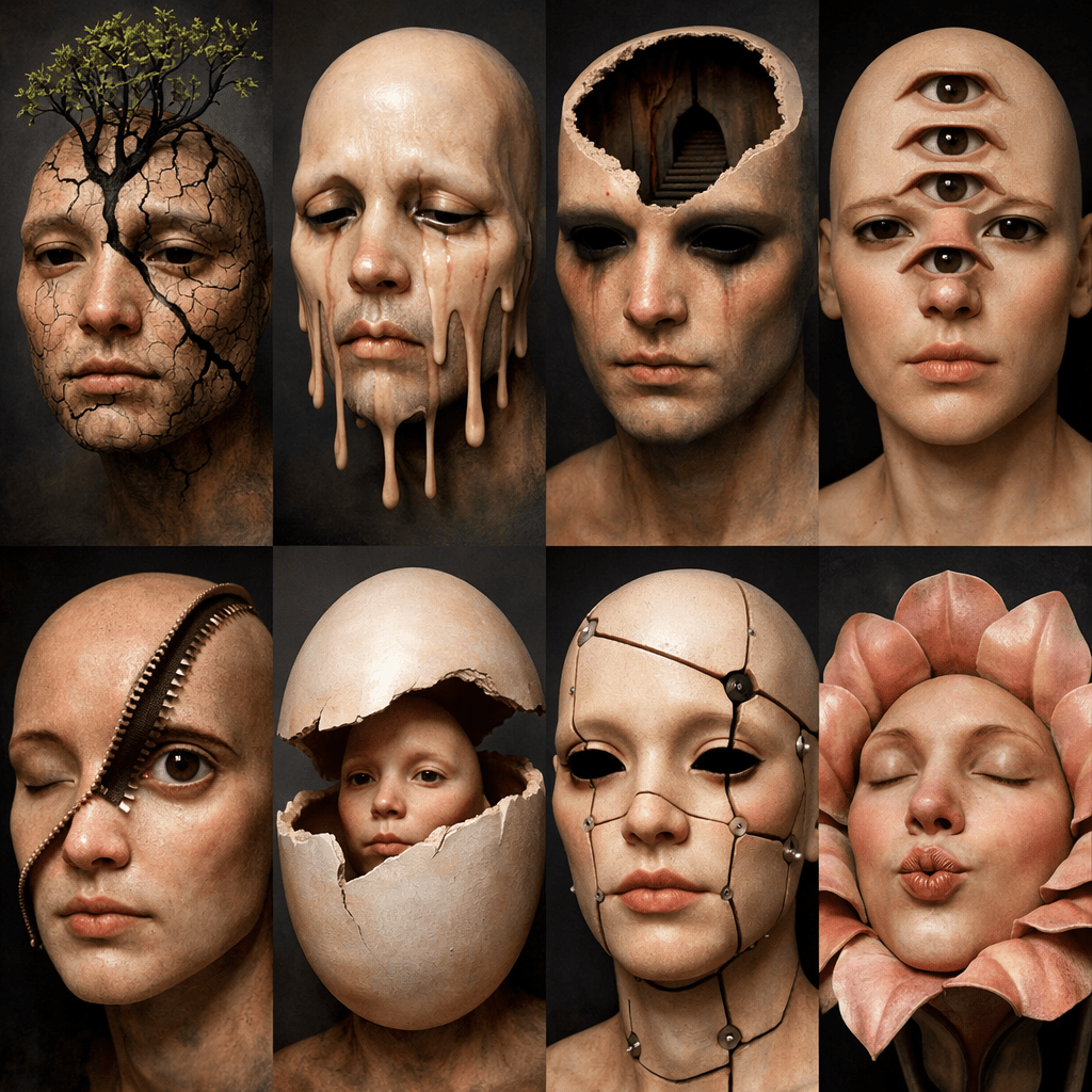 Portraits of human faces with surreal transformations including cracked skin with tree, melting face, hollow head with stairs, multiple eyes, zipper face, cracked egg shell, mechanical mask, flower petals around face.